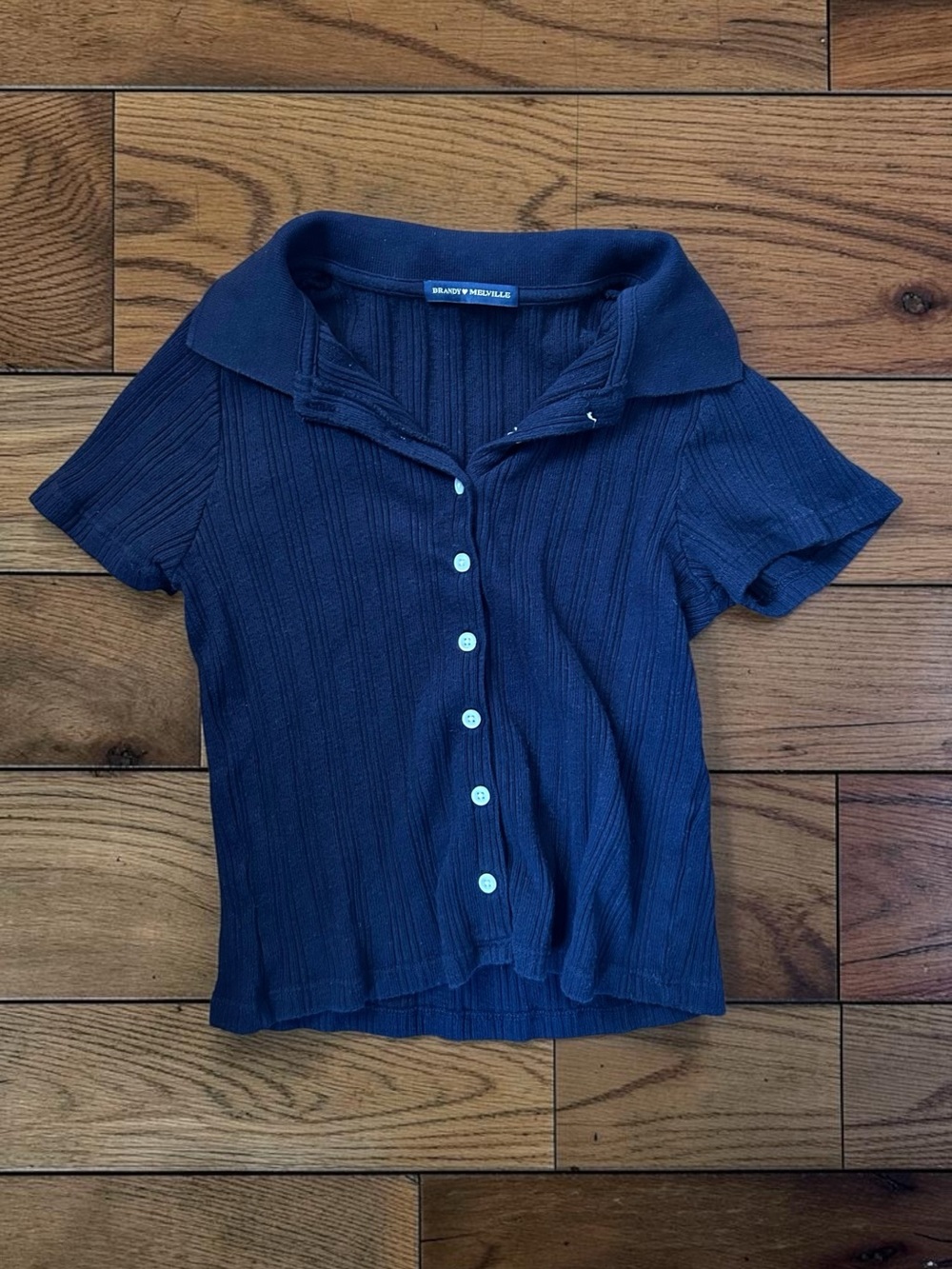 Brandy Melville Navy Blue Ribbed Collared Button Top One Size